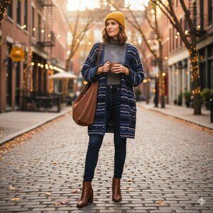 Marla Wynne Cardigan Women L Navy White 3/4 Sleeve Slouchy Mature Lagenlook Boho